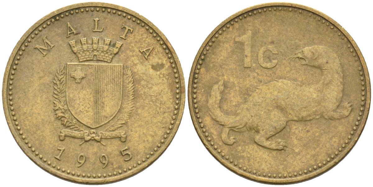 Мальта 1 цент 1995 ласка, горностай KM 93 никель латунь 4585-1224