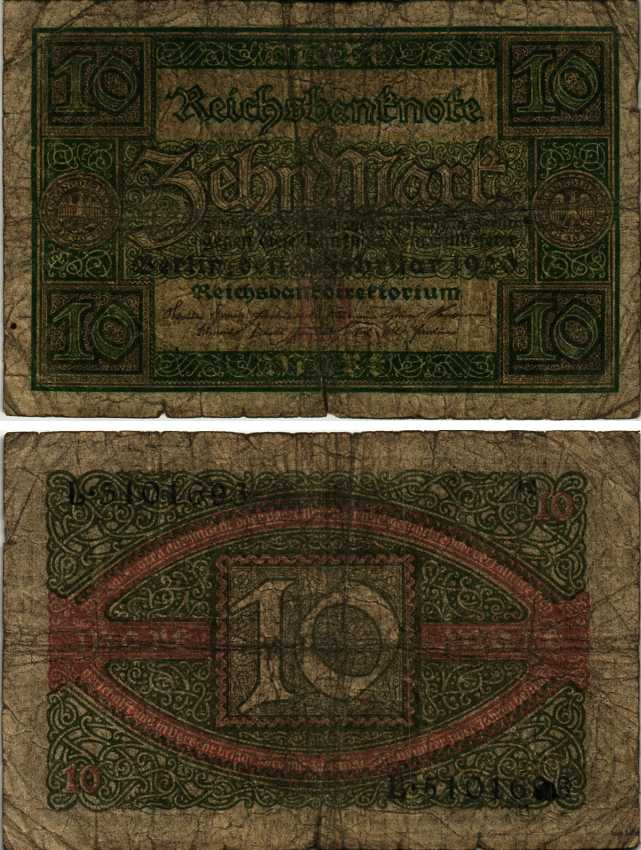 ГЕРМАНИЯ 10 МАРОК 1920 6 ФЕВРАЛЯ 1920, БУКВА D, СЕРИЯ L, СЕМЬ ЦИФР В НОМЕРЕ СЕРИИ Pick 67a, Rosenberg 63а бумага 7191-8-1-1