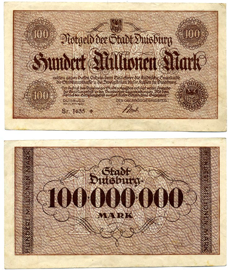 ДУЙСБУРГ 100000000 марок (100 миллионов) 1923 25 сентября 1923, нотгельд, земля Северный Рейн-Вестфалия, серия Sr 1635* Keller 1179k бумага 2193-32-3-1