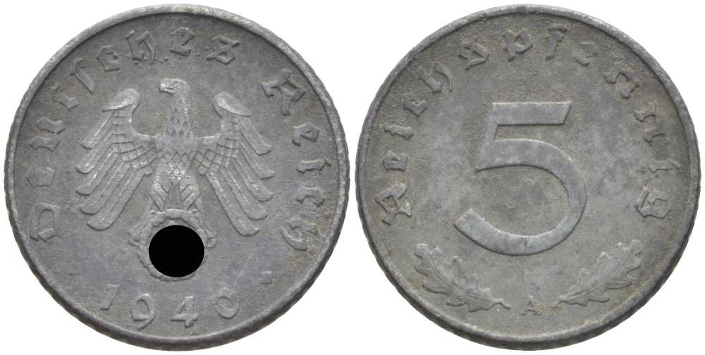 ГЕРМАНИЯ 5 РЕЙХСПФЕННИГОВ 1940 A KM 100, J. 370 цинк 105-235