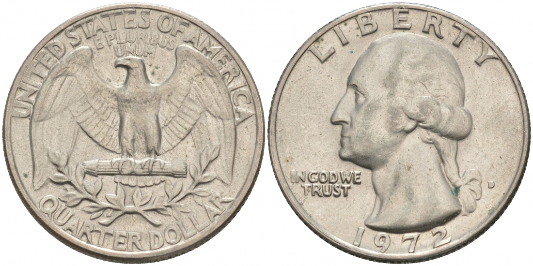США 25 центов (квотер) 1972 D, Вашингтон KM 164a медь плакированная медно-никелем 73-327