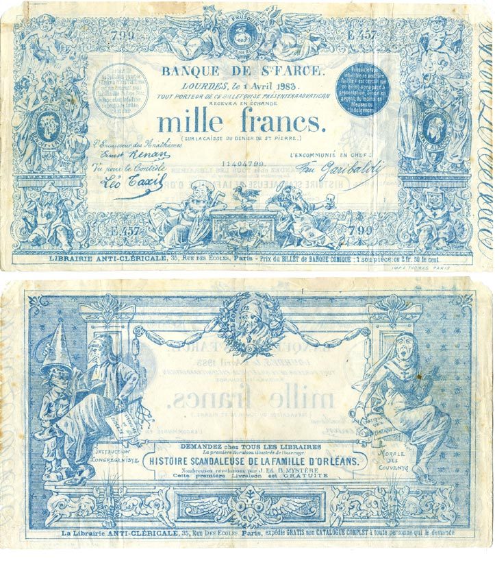 Франция 1000 франков 1983 антирелигиозная библиотека, билет банка приколов, один билет обменивается на 2,5 сантима   бумага   434-2-1-1