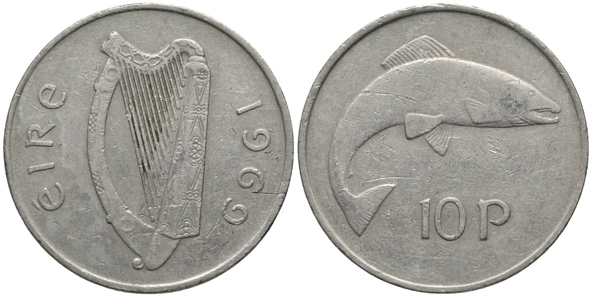 Ирландия 10 пенсов 1969 лосось KM 23 медно-никель 3855-1233