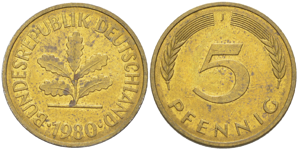 ФРГ 5 ПФЕННИГОВ 1980 J KM 107, J. 382 сталь плакированная латунью 4181-969