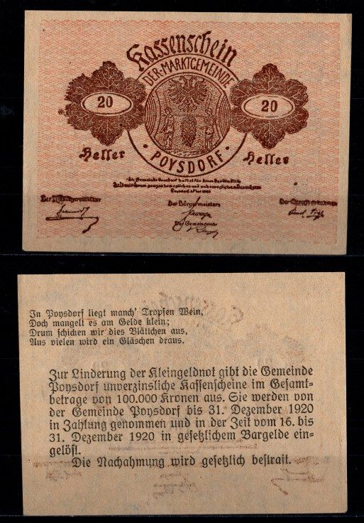 Австрия, Пойсдорф 20 геллеров 1920 Jaksc/Pick JPR0776a-20 бумага aUNC 2193-16-2-1