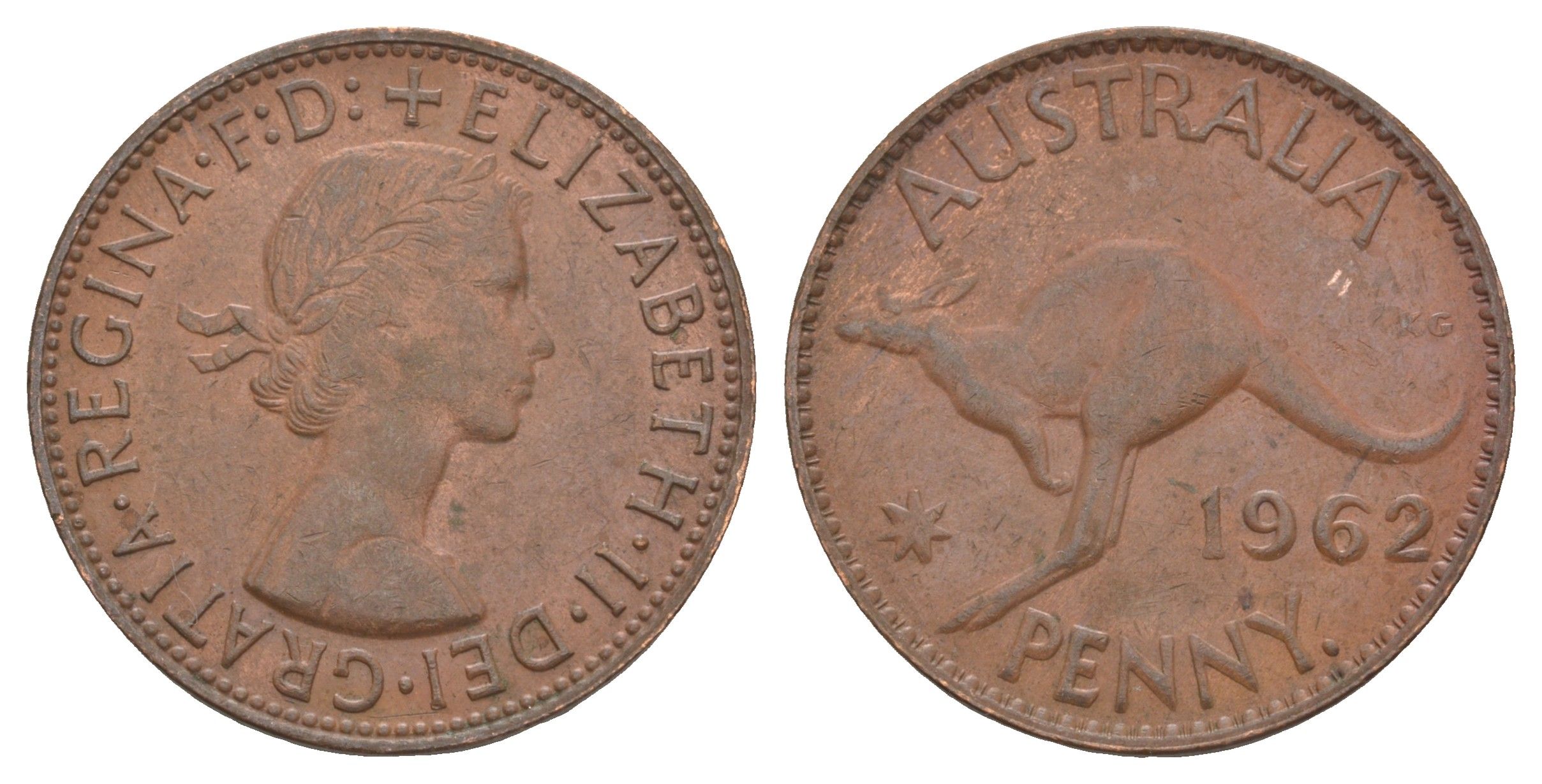 Австралия 1 пенни 1962 p, Елизавета II (1952-2022), кенгуру KM 56 бронза 82-1222