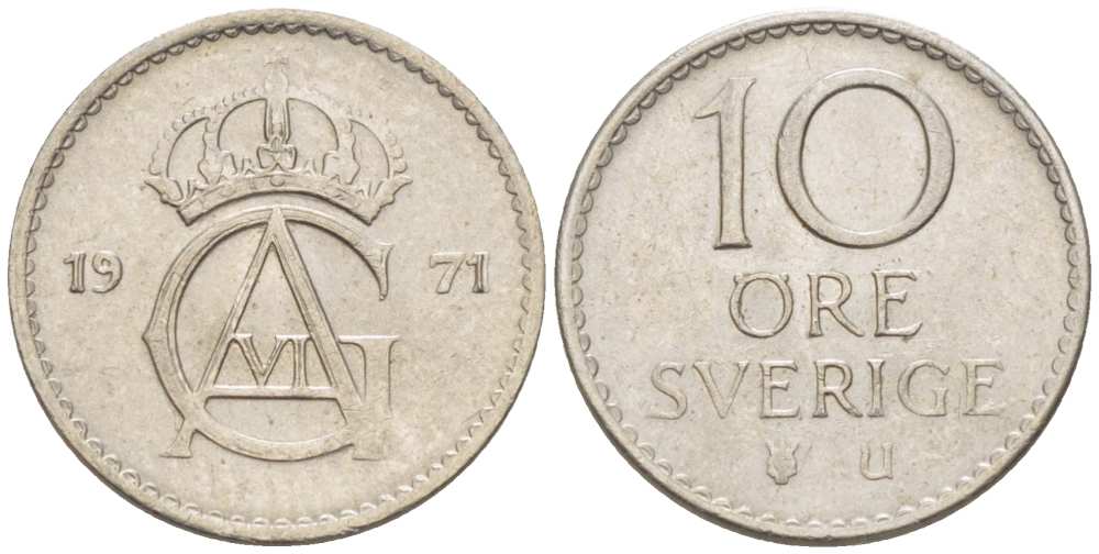Швеция 10 эре 1971 U, Густав VI Адольф (1950-1973) KM 835 медно-никель 4516-444