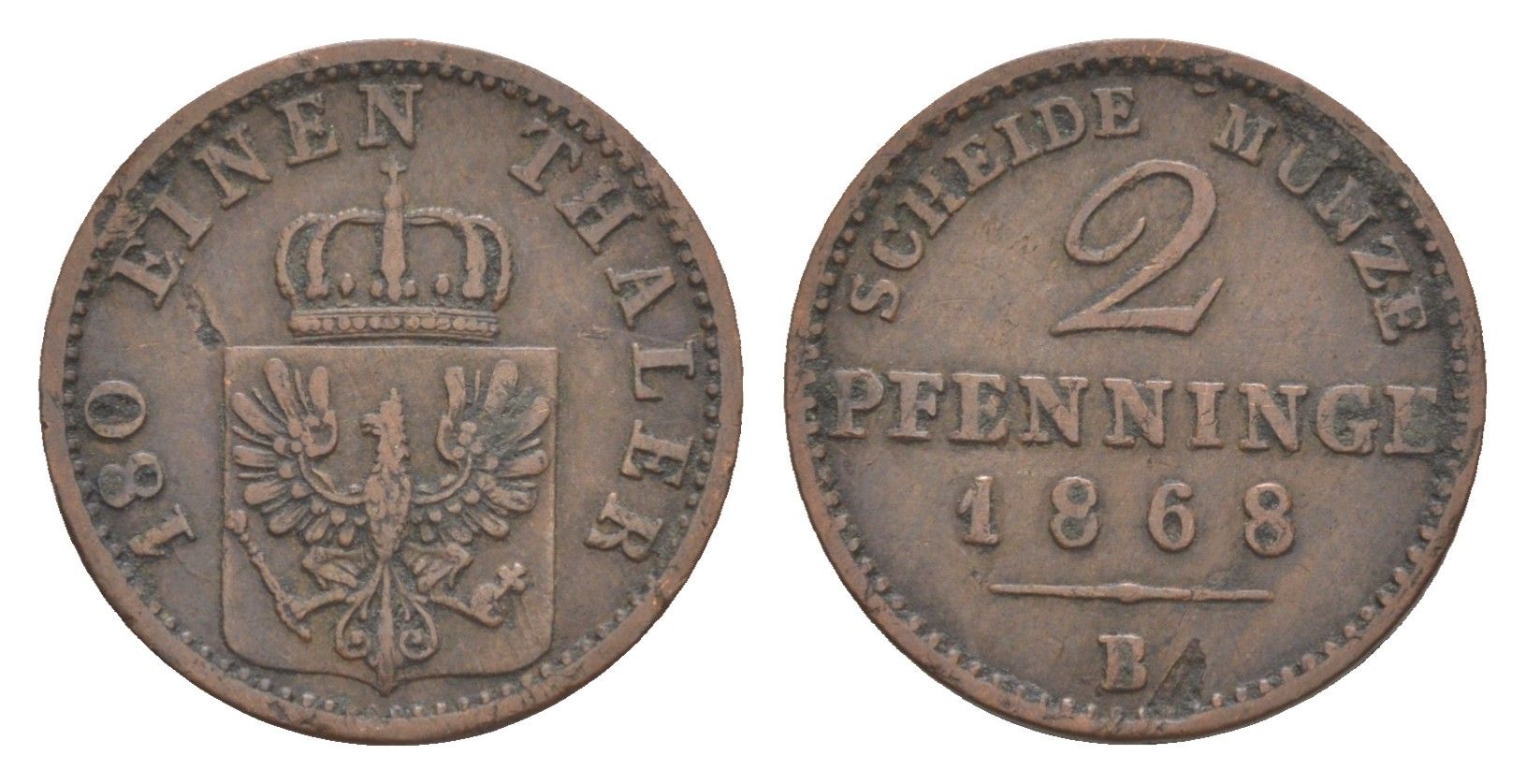 Пруссия 2 пфеннига 1868 B, Вильгельм I (1861-1888) KM 481, Jaeger 51, AKS 107, Olding 425 медь 4651-262