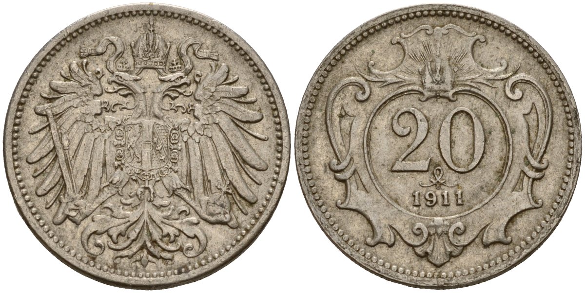 Австрия 20 геллеров 1911 Франц Иосиф I (1848-1916) KM 2803 никель 4154-848