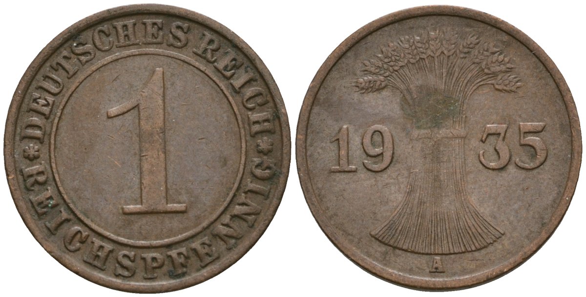 Германия 1 рейхспфенниг 1935 A KM 37, J. 313 бронза 4528-265