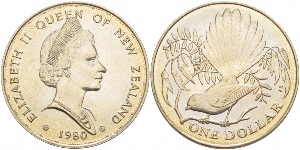 Новая Зеландия 1 доллар 1980 веерохвостка на ветке, Елизавета II (1952-2022) KM 49 медно-никель UNC 107-531