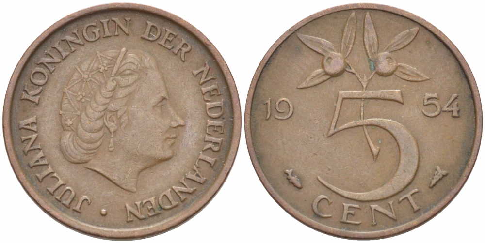 НИДЕРЛАНДЫ 5 ЦЕНТОВ 1954 ЮЛИАНА KM 181 бронза 214-768
