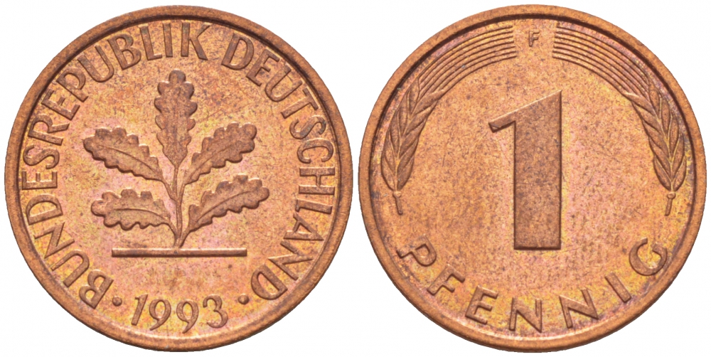 ФРГ 1 ПФЕННИГ 1993 F KM 105, J.380 сталь плакированная медью 4396-1545