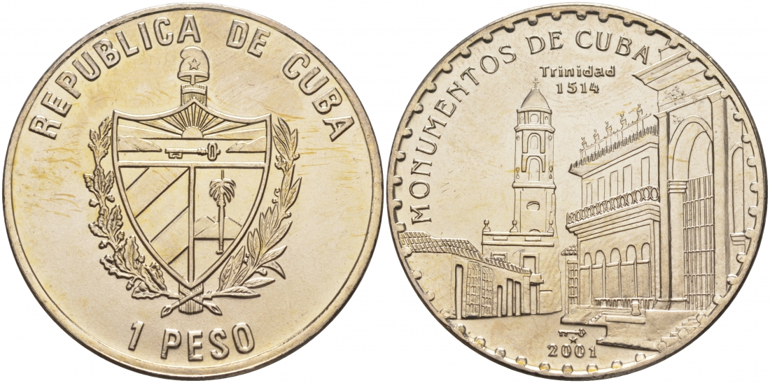 Куба 1 песо 2001 серия монументы Кубы, Церковь Святой Троицы, Тринидад KM 850 медно-никель UNC M9-15