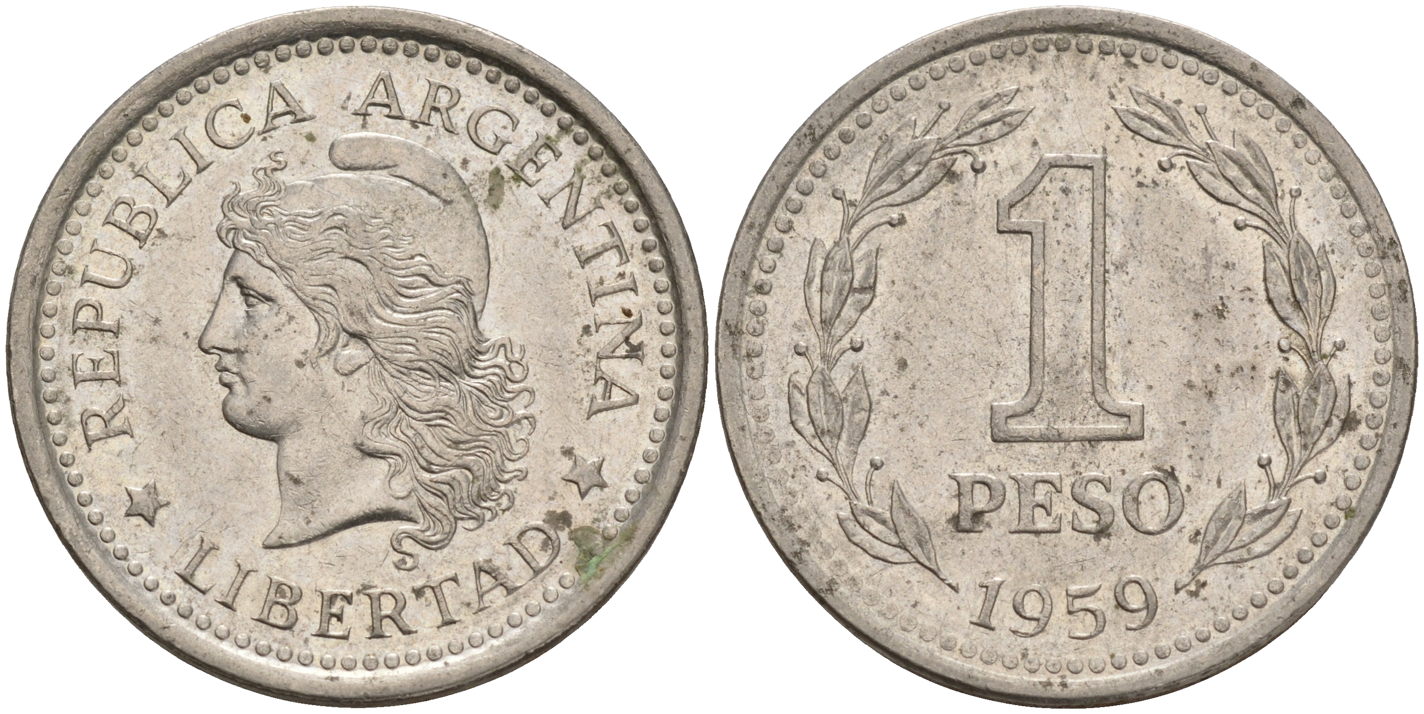Аргентина 1 песо 1959 голова свободы влево KM 57 сталь плакированная никелем 4561-625