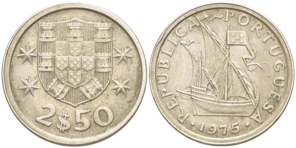 ПОРТУГАЛИЯ 2,5 ЭСКУДО 1975 ПАРУСНИК KM 590 медно-никель 4513-1145