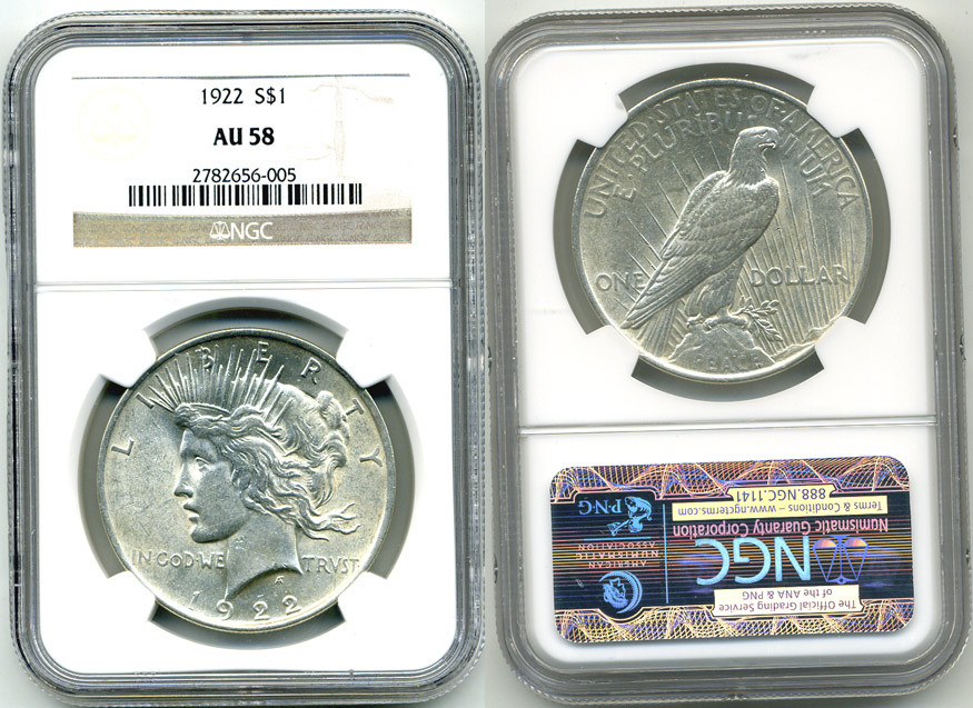 США 1 ДОЛЛАР 1922 ДОЛЛАР МИРА, В СЛАБЕ NGC KM 150 серебро AU 58 00-000-00
