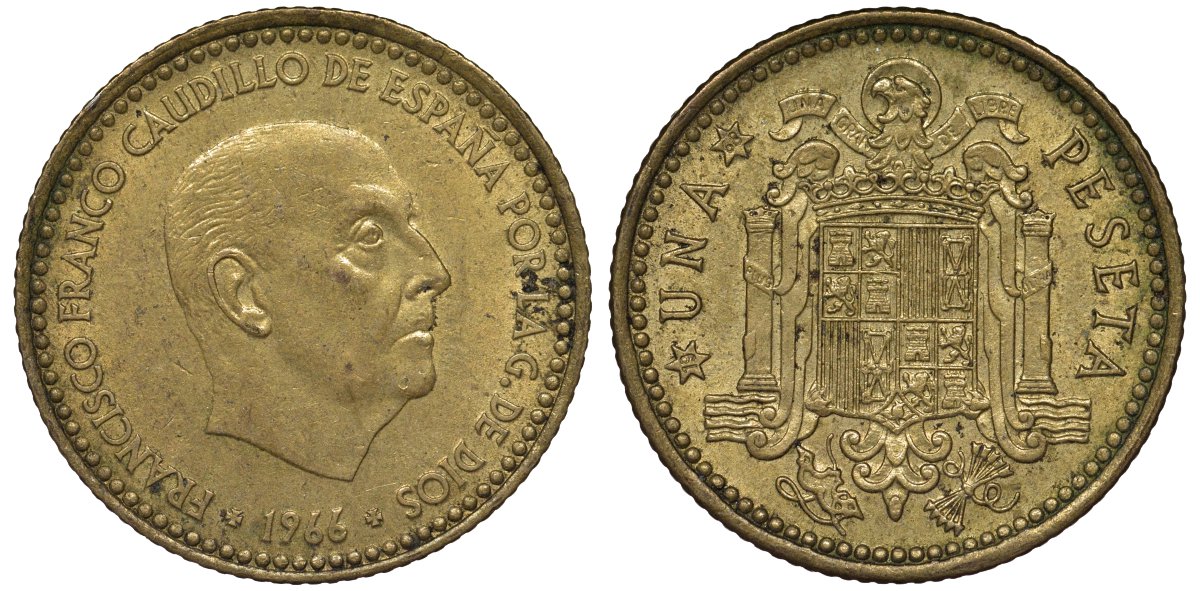 Испания 1 песета 1966 (68) Франсиско Франко (1939-1975) KM 796 алюминиевая бронза 4128-1041