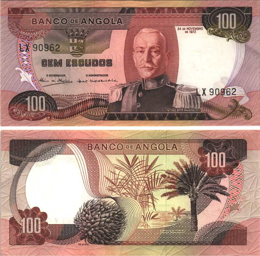 АНГОЛА 100 ЭСКУДО 1972 24 НОЯБРЯ 1972, МАРШАЛ КАРМОНА Pick 101 бумага aUNC 7116-46-1-2