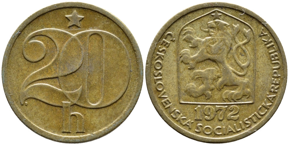 Чехословакия 20 геллеров 1972 KM 74 латунь 4392-152
