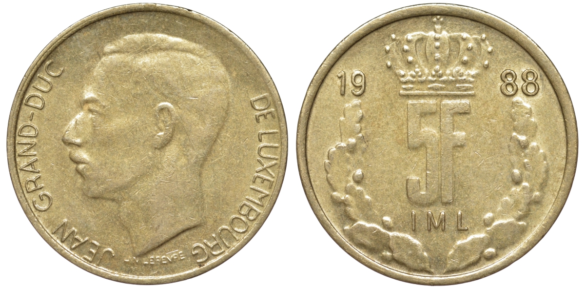 Люксембург 5 франков 1988 Герцог Жан (1964-1999) KM 60.1 медь алюминий никель 4143-153