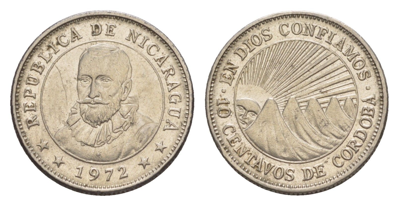 Никарагуа 10 сентаво 1972 KM 17.2a сталь плакированная никелем aUNC 4640-1024