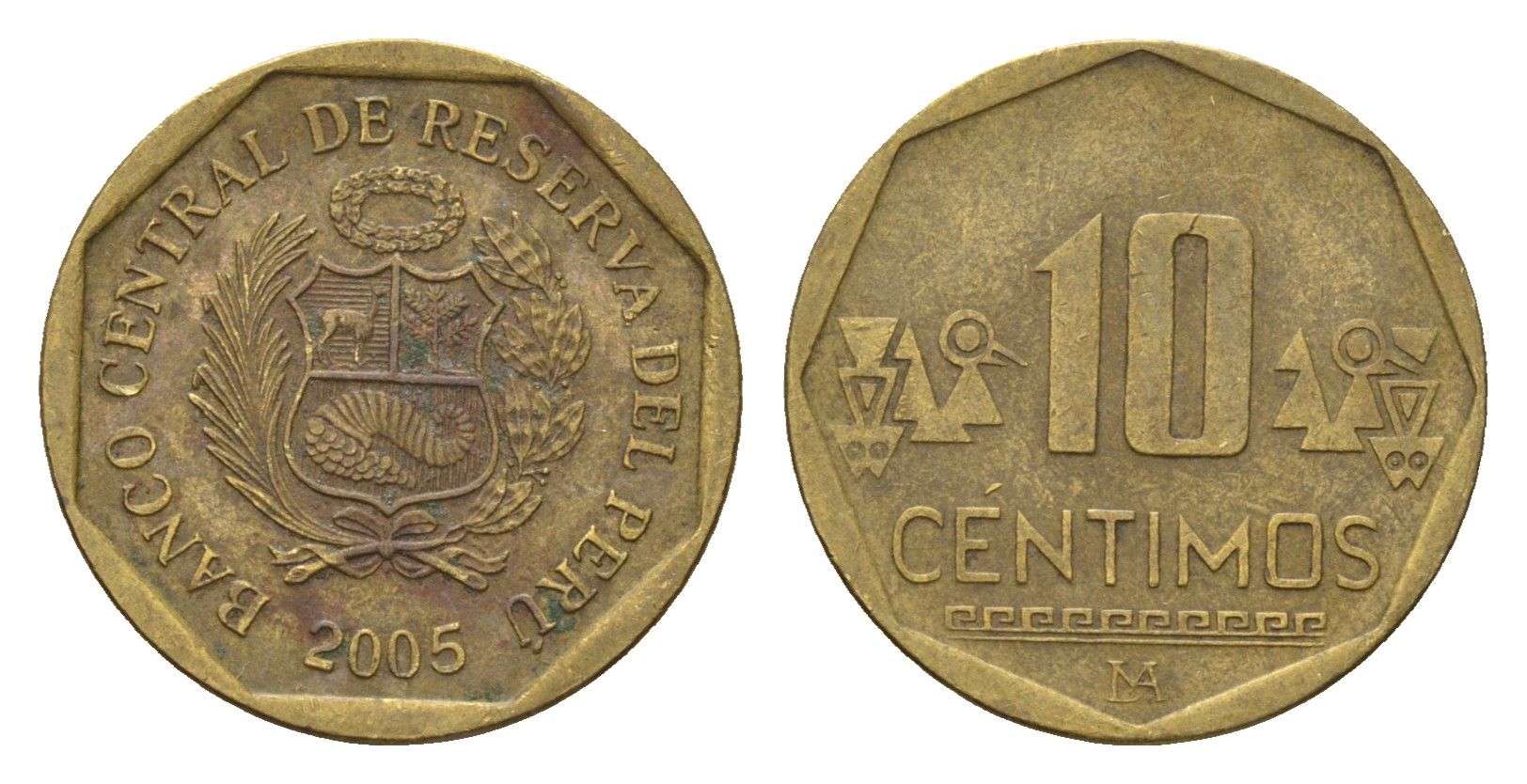Перу 10 сентимо 2005 KM 305.4 латунь 4674-1053