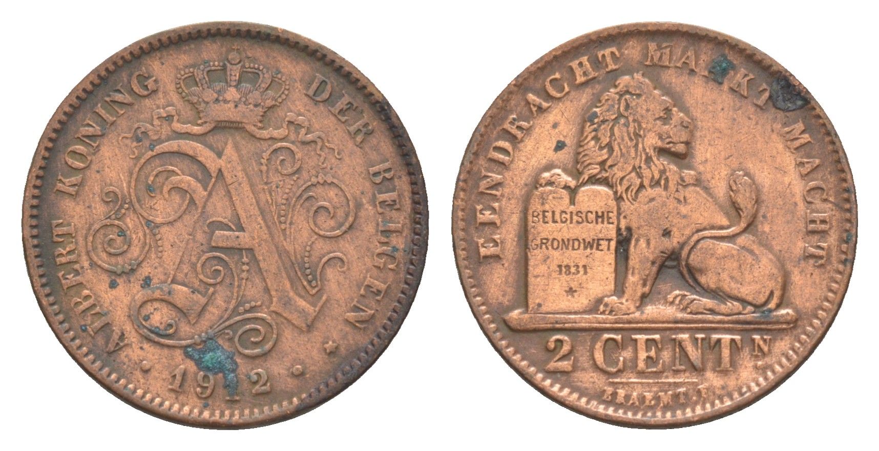 Бельгия 2 сантима 1912 Belgen, Альберт I (1909-1934) KM 65 медь 4615-814