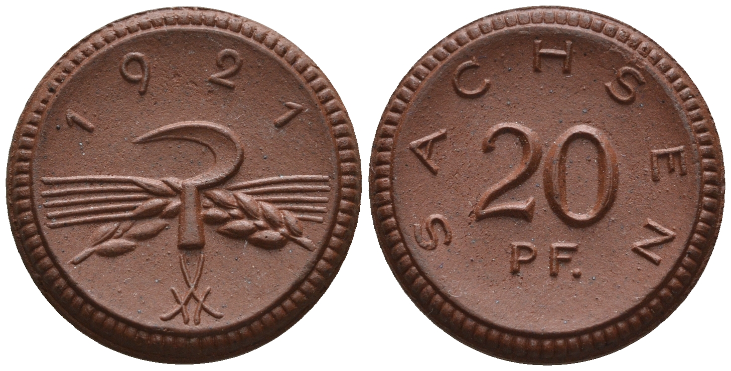 Саксония 20 пфеннигов 1921 колосья и серп J. N 53 фарфор UNC 1094-9-31