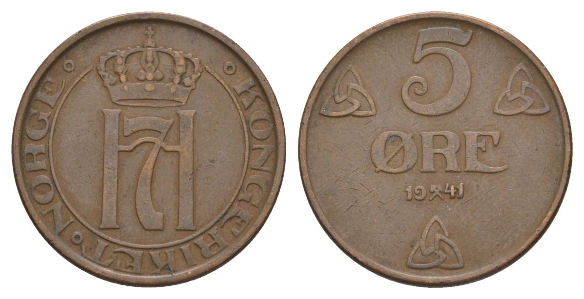 Норвегия 5 эре 1941 Хокон VII (1905-1957) KM 368 бронза 4635-534