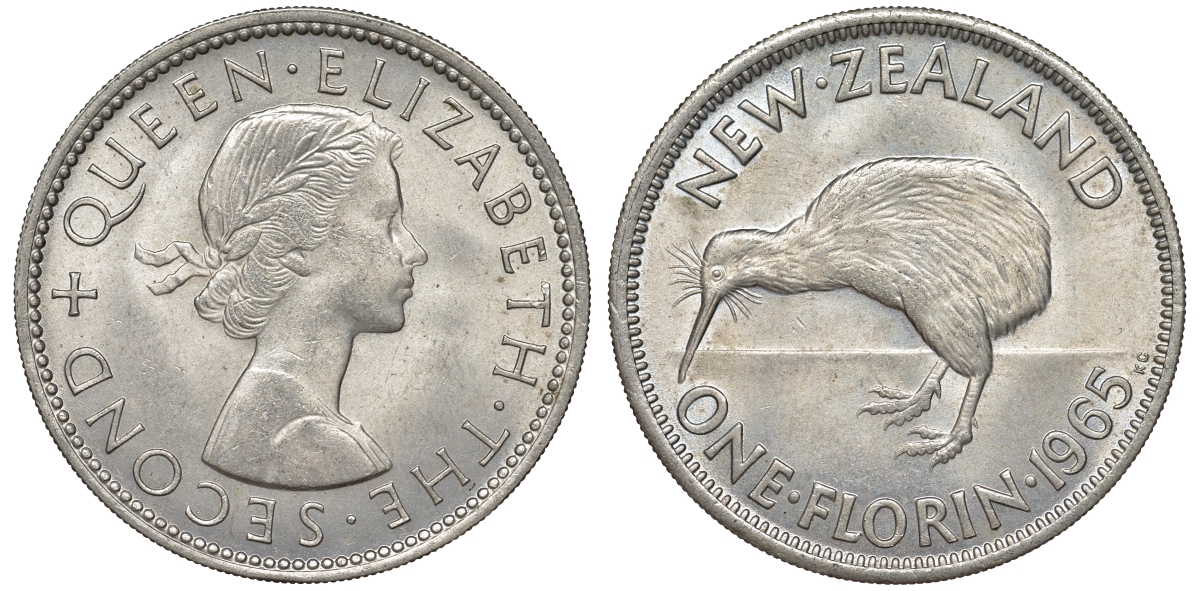 Новая Зеландия 1 флорин 1965 Елизавета II (1952-2022), птичка киви KM 28.2 медно-никель XF-UNC 51-622