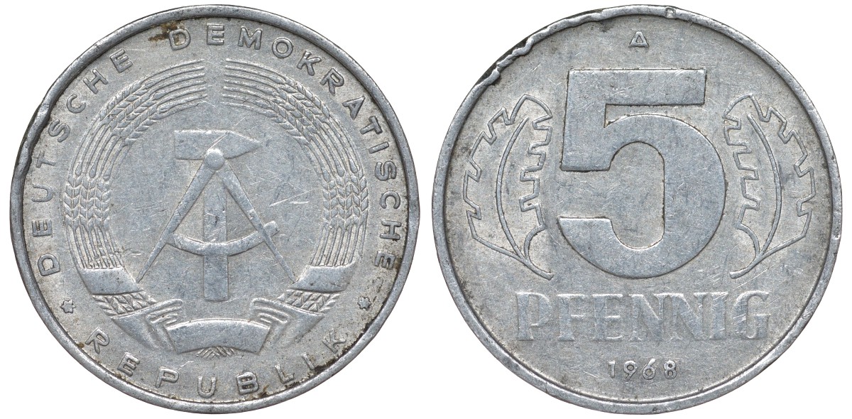 ГДР 5 ПФЕННИГОВ 1968 A KM 9.1 алюминий 62-114