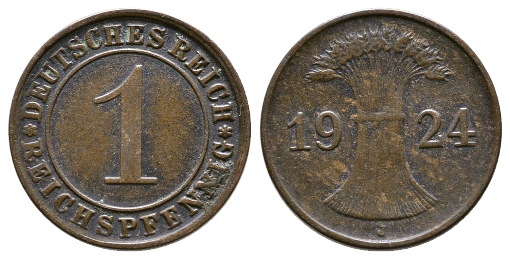 ГЕРМАНИЯ 1 РЕЙХСПФЕННИГ 1924 J KM 37, J.313 бронза 4380-1064