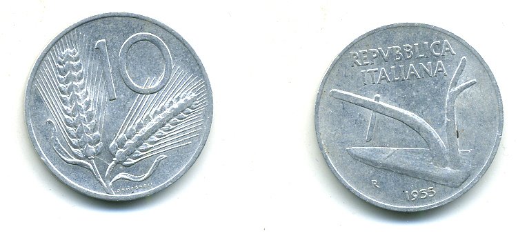 ИТАЛИЯ 10 ЛИР 1955 R, КОЛОСЬЯ, ПЛУГ KM 93 алюминий 25-925