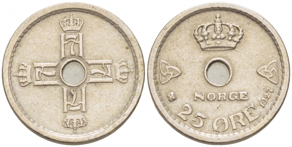 НОРВЕГИЯ 25 ЭРЕ 1927 ХОКОН VII (1905-1957) KM 384 медно-никель XF 3309-759