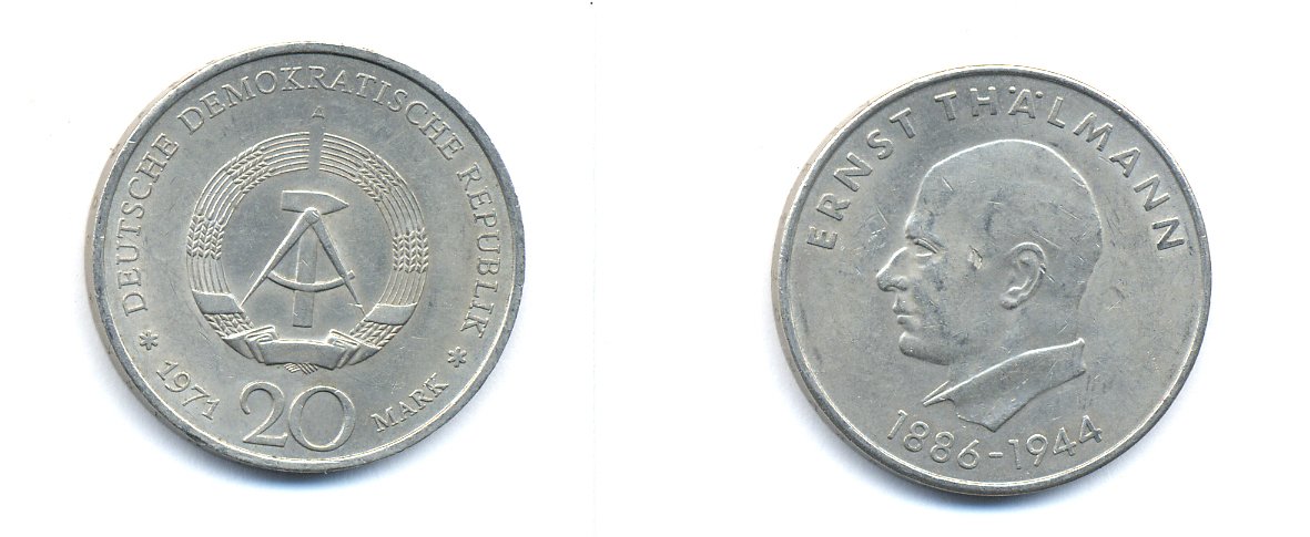 ГДР 20 марок 1971 A, 85 лет со дня рождения Эрнста Тельмана KM 34, J. 1535 медно-никель 3333-641