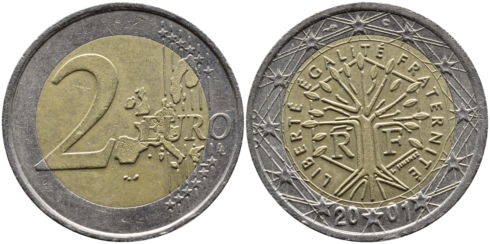 ФРАНЦИЯ 2 ЕВРО 2001 KM 1289 биметалл 4391-112