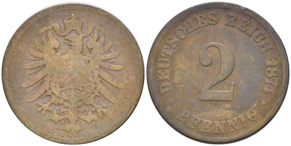ГЕРМАНИЯ 2 ПФЕННИГА 1874 B, СТАРОГЕРБОВКА KM 2, J. 2, Weege 3 медь 212-431
