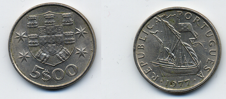 ПОРТУГАЛИЯ 5 ЭСКУДО 1977 ПАРУСНИК KM 591 медно-никель 29-553