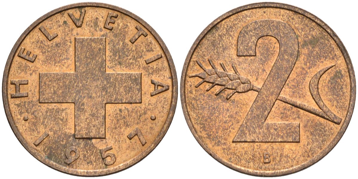 Швейцария 2 раппена 1957 В KM 47 бронза 4591-1132