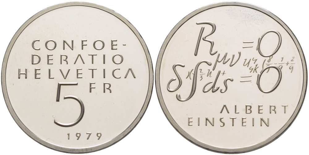 ШВЕЙЦАРИЯ 5 ФРАНКОВ 1979 100 ЛЕТ СО ДНЯ РОЖДЕНИЯ АЛЬБЕРТА ЭЙНШТЕЙНА, ФОРМУЛА KM 58 медно-никель PROOF 02-265-31