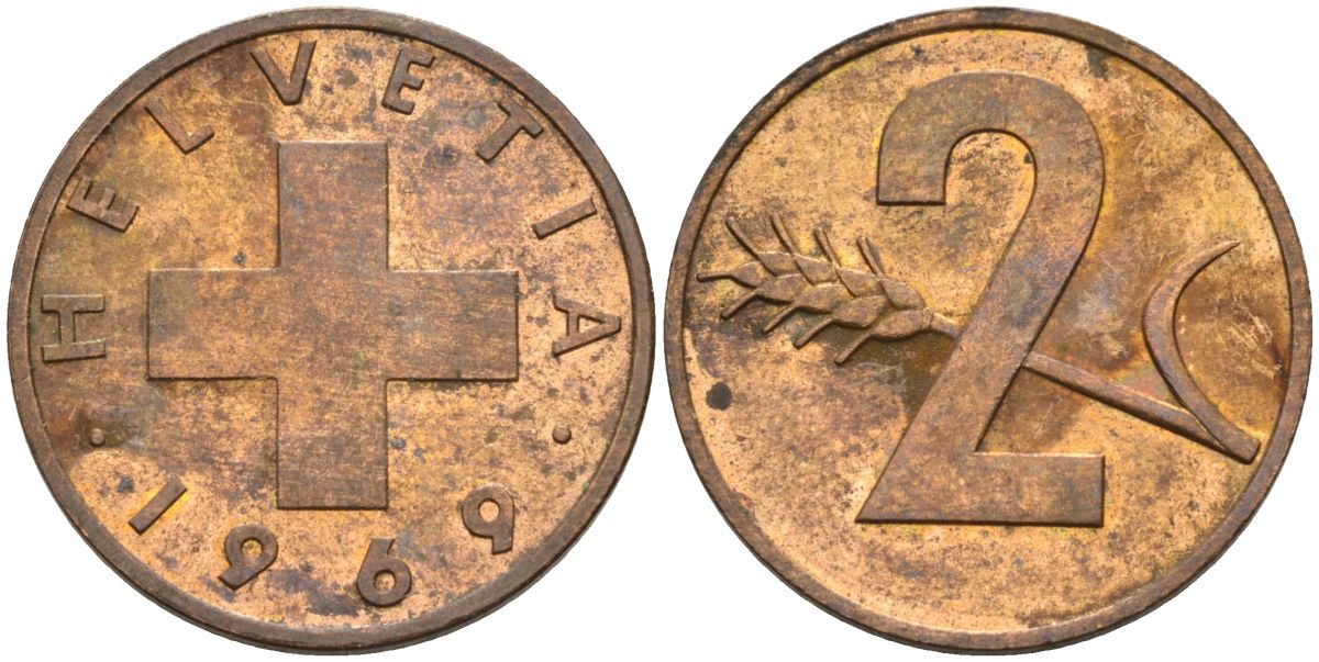 Швейцария 2 раппена 1969 KM 47 бронза 4592-623