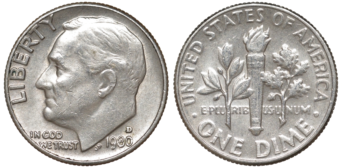 США 10 центов = дайм 1980 D, Рузвельт KM 195а медь покрытая медно-никелем 51-1232