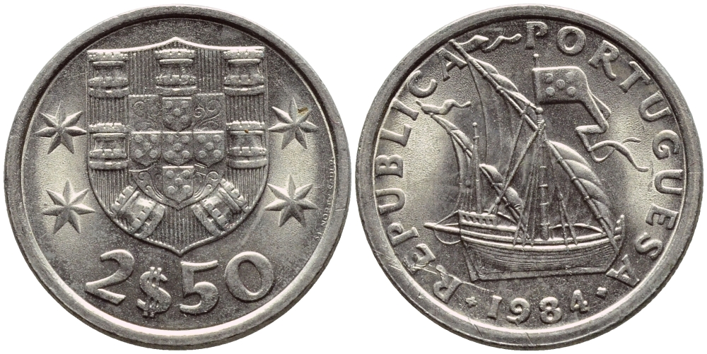 Португалия 2,5 эскудо 1984 парусник KM 590 медно-никель 4396-157