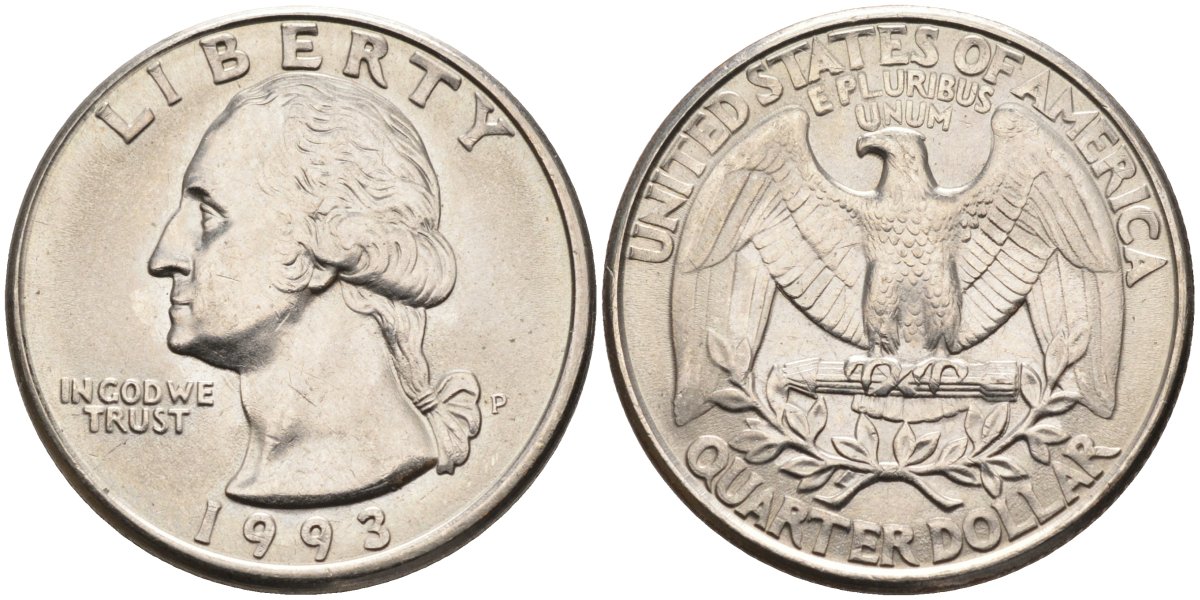США 25 центов (квотер) 1993 P, Вашингтон KM A164a медь плакированная медно-никелем 67-212