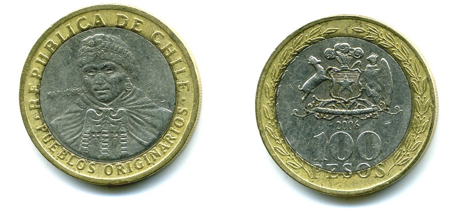 Чили 100 песо 2006 индейцы Мапуче KM 236 биметалл 29-346