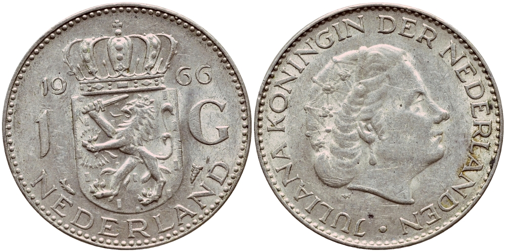 Нидерланды 1 гульден 1966 Юлиана (1948-1980) KM 184 серебро 1522-212