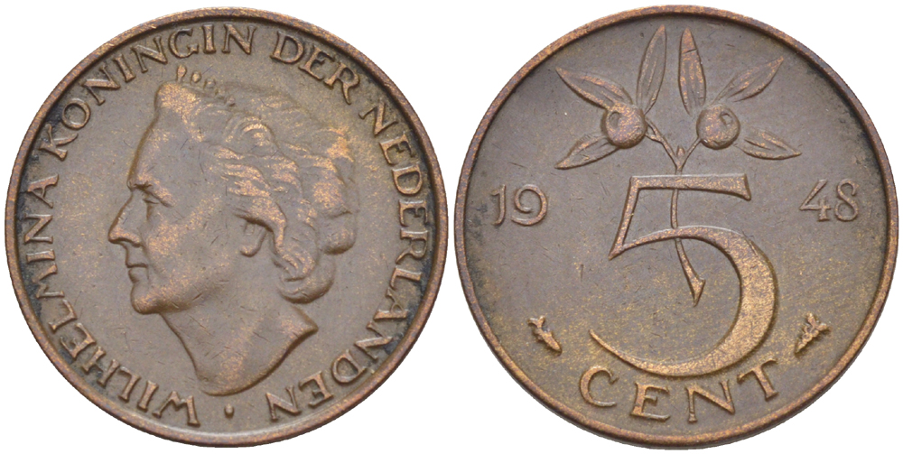 НИДЕРЛАНДЫ 5 ЦЕНТОВ 1948 ВИЛЬГЕЛЬМИНА (1890-1948) KM 176 бронза 76-553