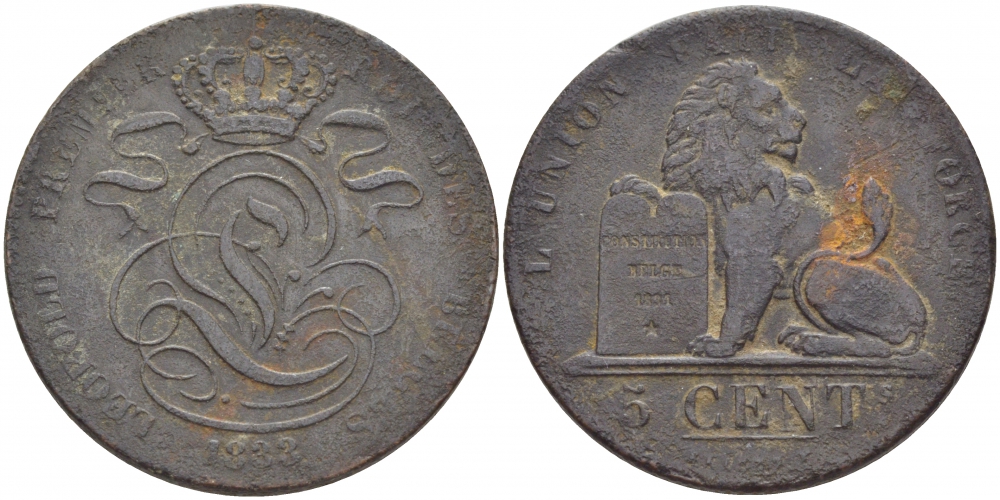 БЕЛЬГИЯ 5 САНТИМОВ 1833 BELGES KM 5.1 медь 114-816