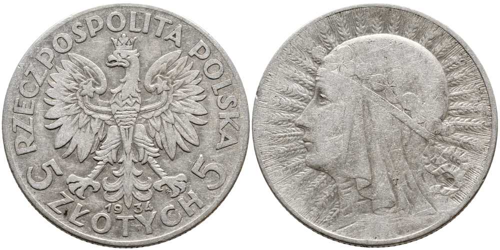 ПОЛЬША 5 ЗЛОТЫХ 1934 w, ЯДВИГА KM 21 серебро 441-441